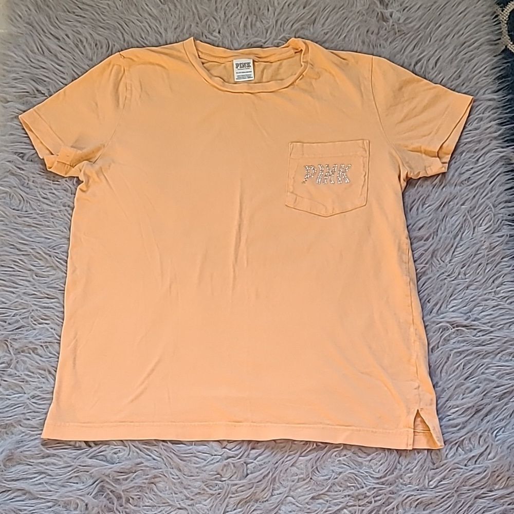Pink by victoria secret light orange rhinestone‎ logo oversized tshirt size xs